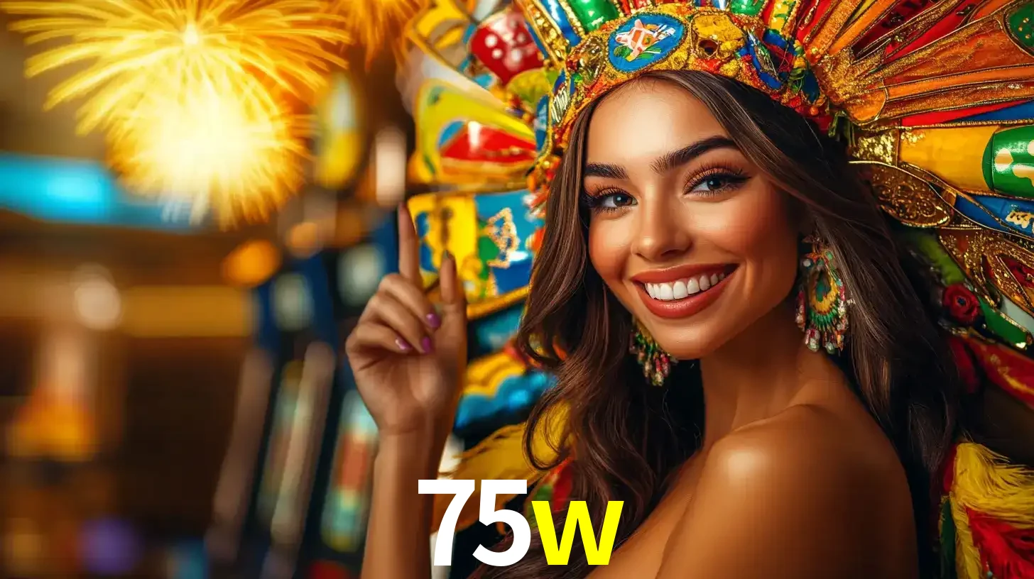 Mulher sorridente com um cocar de carnaval vibrante e colorido, celebrando uma grande vitória nos jogos do cassino 75w com fogos de artifício ao fundo.