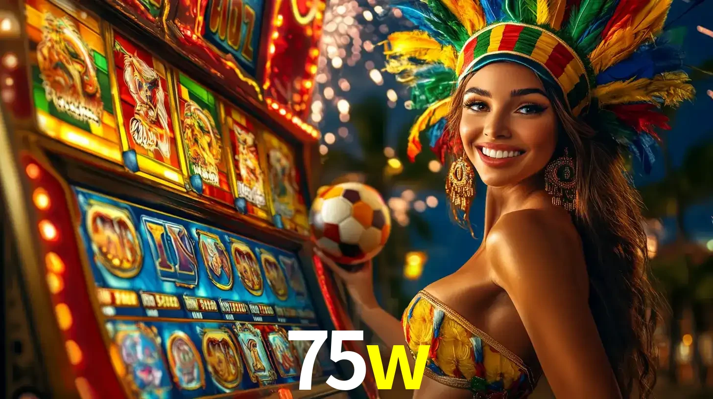 Mulher com um cocar de carnaval ao lado de uma máquina de caça-níqueis enquanto segura uma bola de futebol, mostrando a união da diversão de cassino e esportes no 75w.