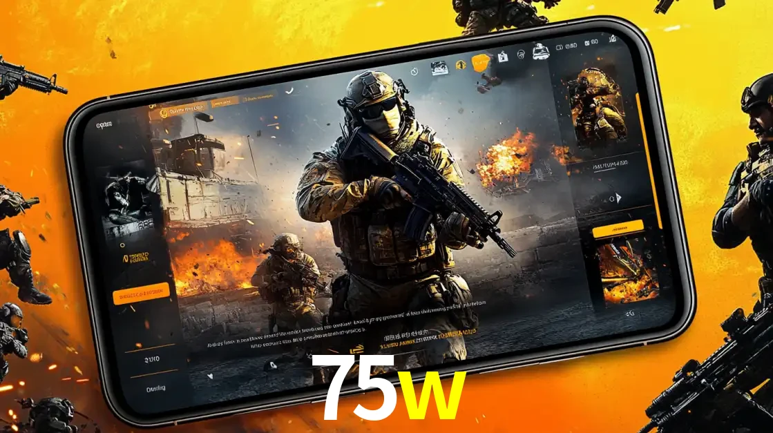 Um smartphone exibindo a interface de um jogo de tiro em primeira pessoa, com um soldado em um cenário de batalha, representando a ação dos e-sports para apostar no 75w.