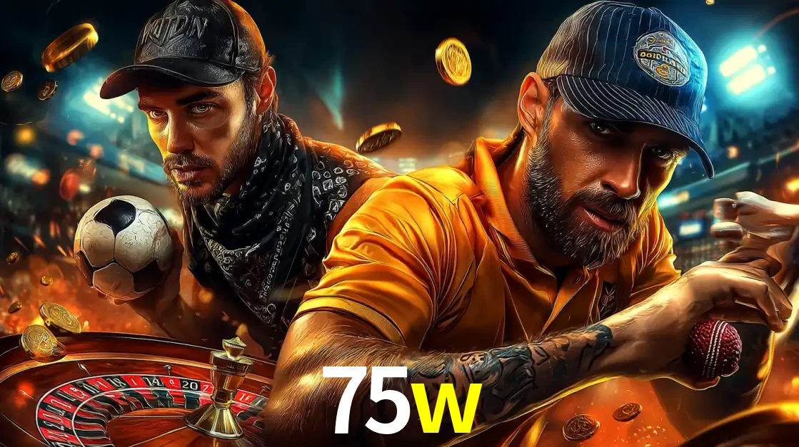 Montagem de apostas esportivas e cassino no 75w, com um homem segurando uma bola de futebol e outro uma de beisebol sobre uma roleta e moedas voadoras.