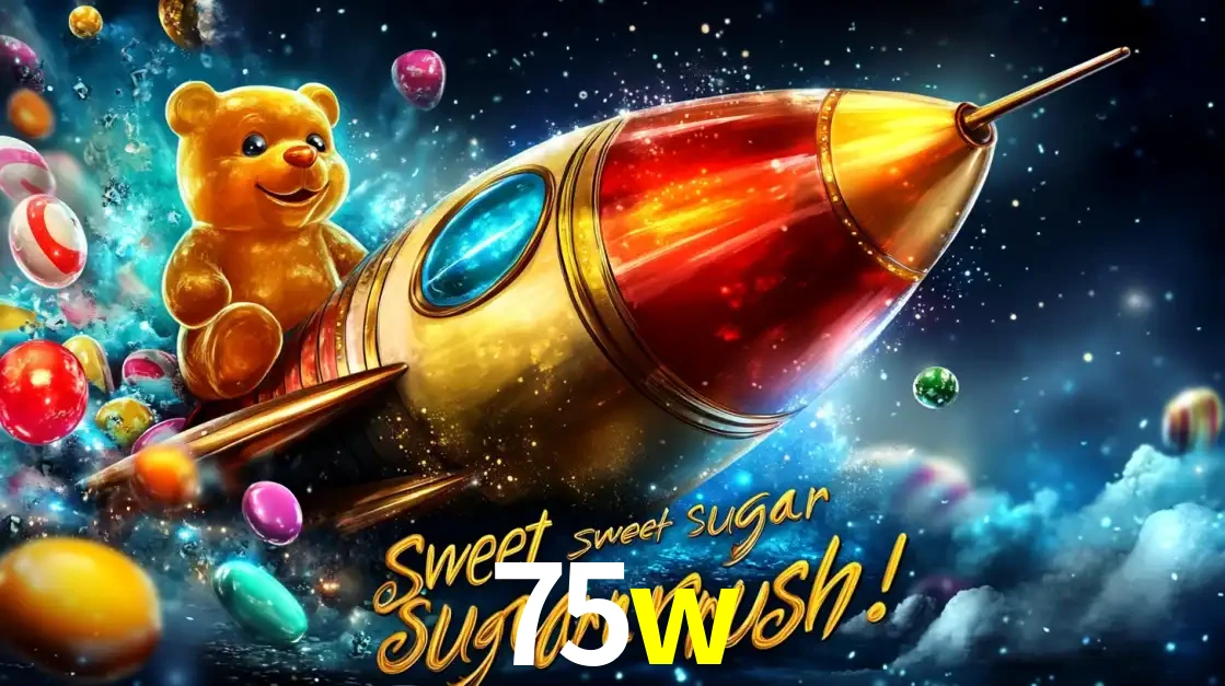 Arte promocional do jogo de slot Sugar Rush, com um urso de pelúcia em um foguete viajando pelo espaço de doces, um dos jogos divertidos disponíveis no cassino 75w.