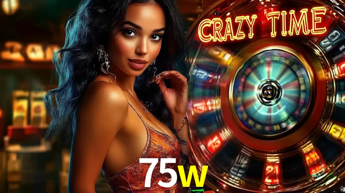 Mulher elegante ao lado da vibrante roda da fortuna do jogo de cassino ao vivo Crazy Time, um dos game shows mais populares e cheios de prêmios do 75w.