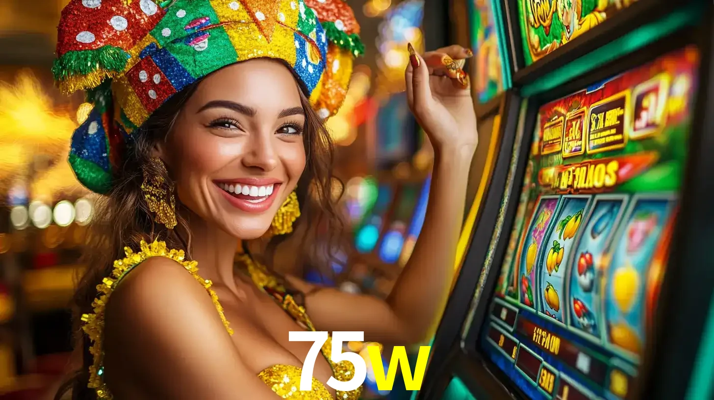 Mulher feliz com traje de carnaval amarelo e colorido ao lado de uma máquina de caça-níqueis, aproveitando a diversão e os jogos temáticos do cassino 75w.