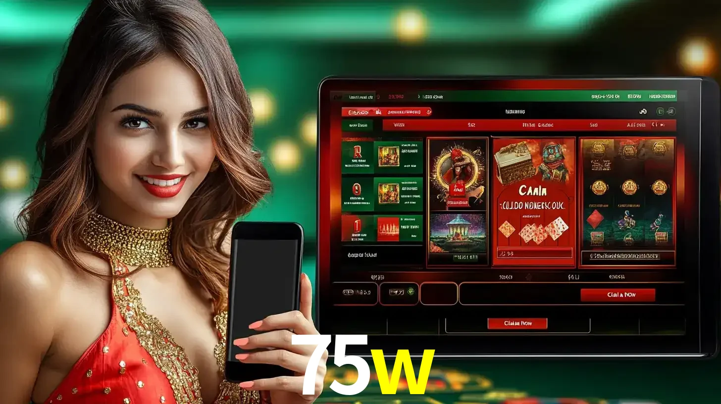 Mulher sorridente segurando um smartphone, ao lado de uma tela exibindo o lobby de jogos do cassino online 75w, com várias opções de jogos de cartas e slots.
